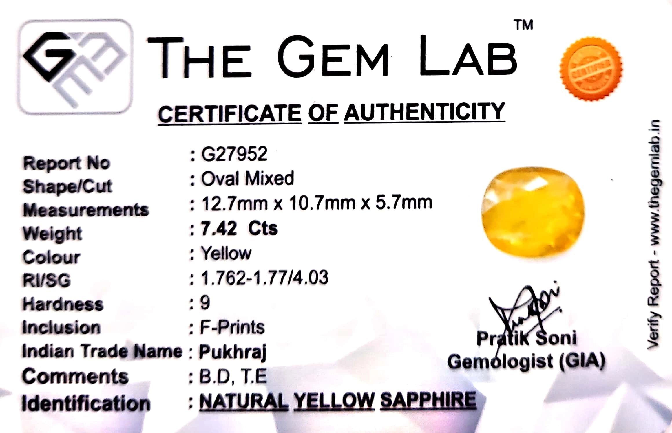 Yellow Sapphire - Pukhraj Stone - Carat 7.42