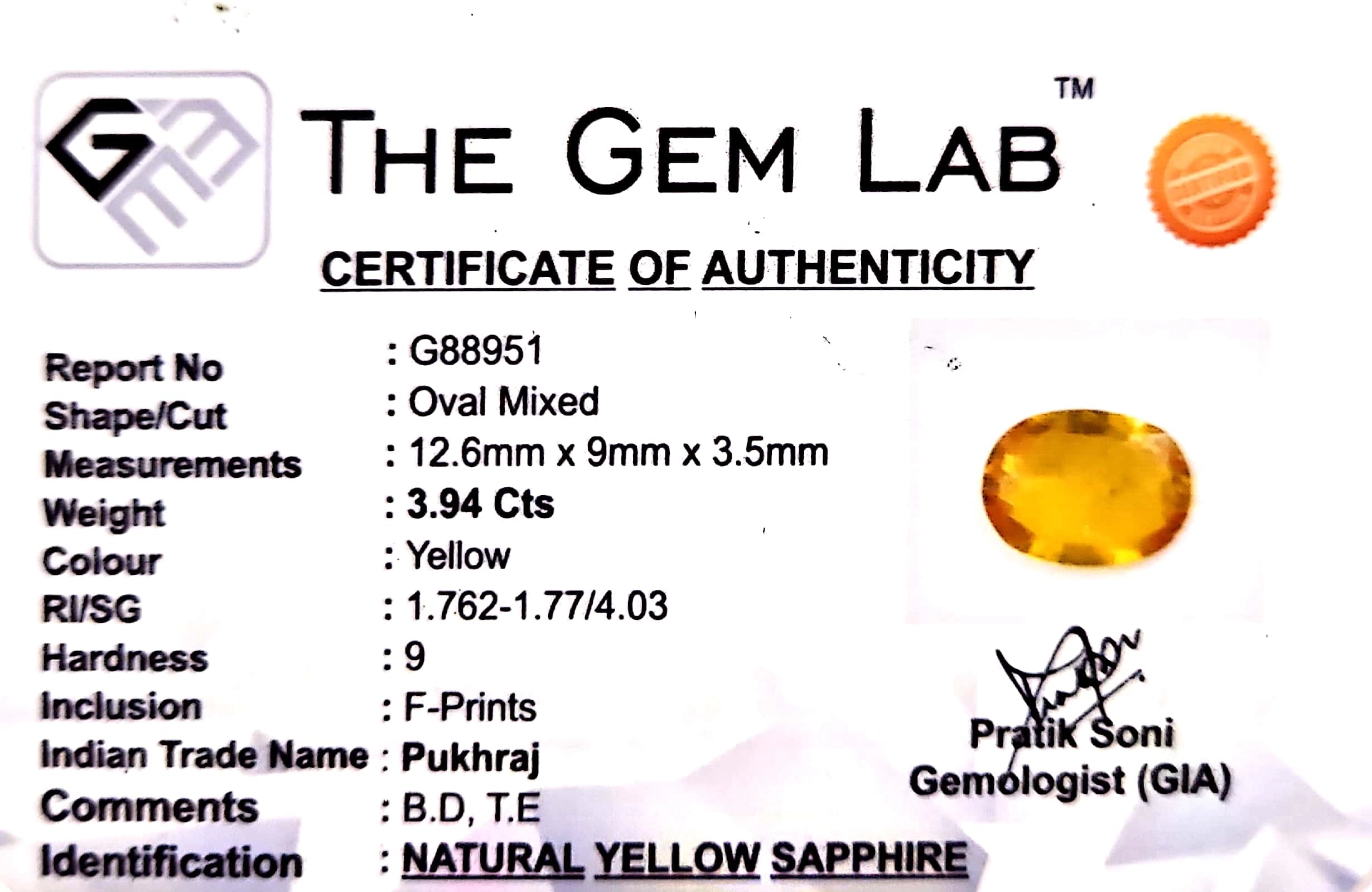Yellow Sapphire - Pukhraj Stone - Carat 3.94