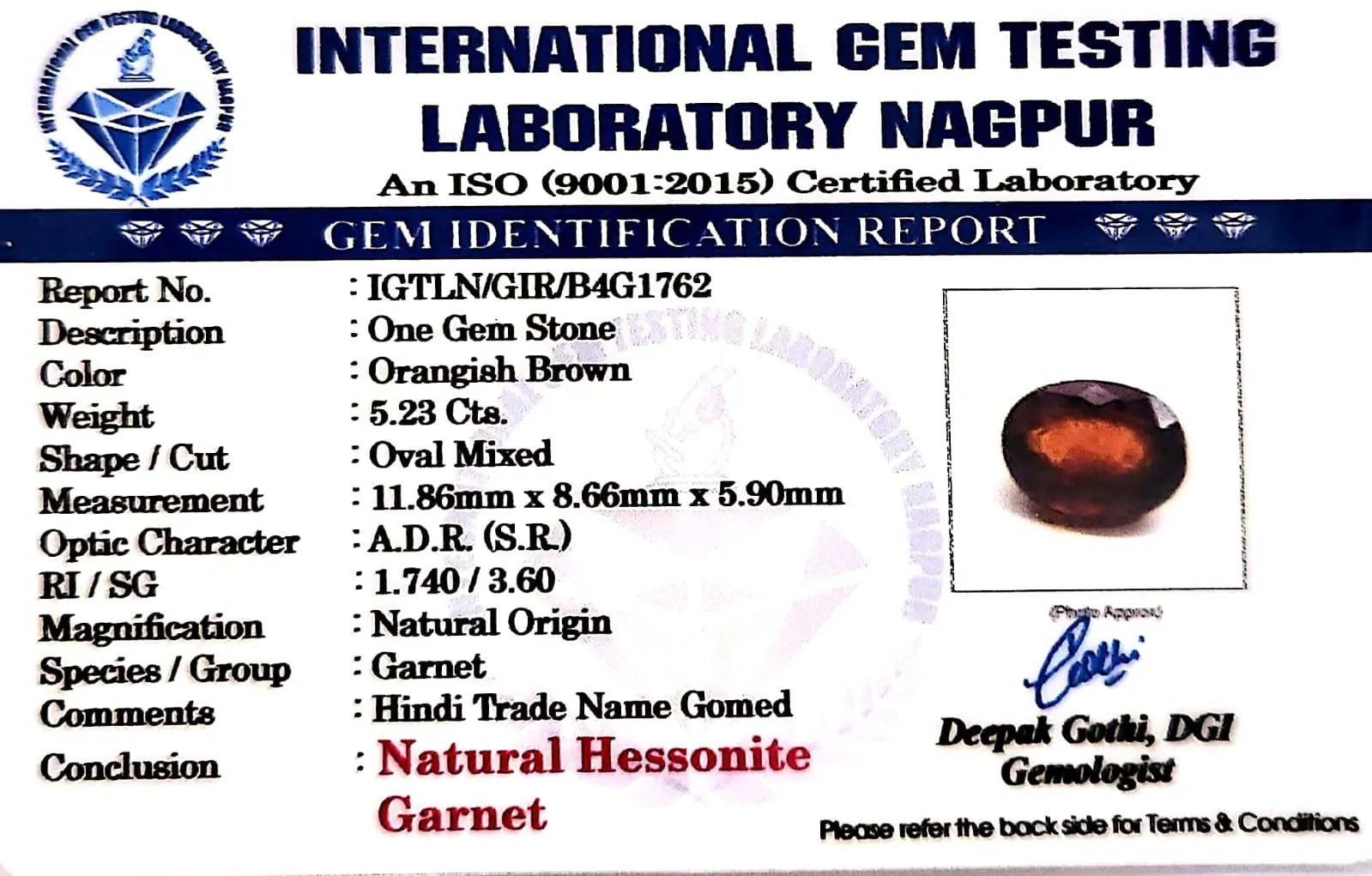 Gomed Stone (Hessonite) - Carat 5.23