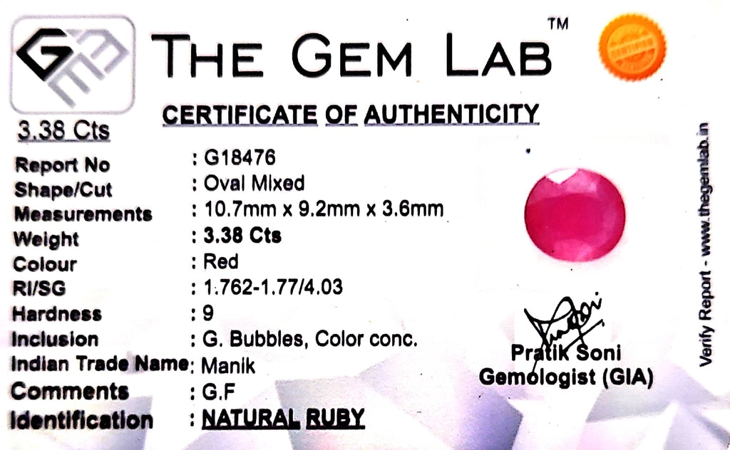 Ruby - Manik Stone - Carat 3.38