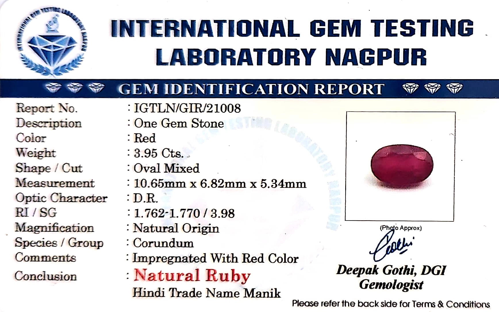 Ruby - Manik Stone - Carat 3.95