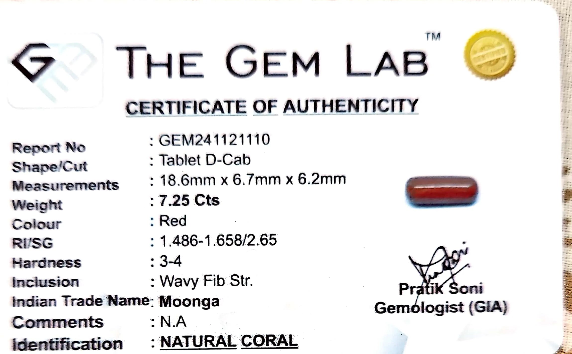 Red Coral - Moonga Gemstone - Carat 7.25