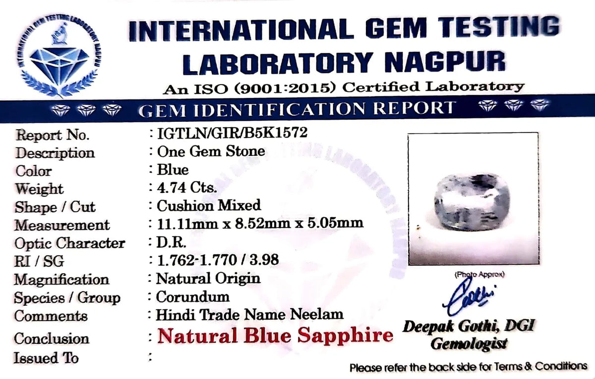 Blue Sapphire Stone (Neelam Stone) - Carat 4.72