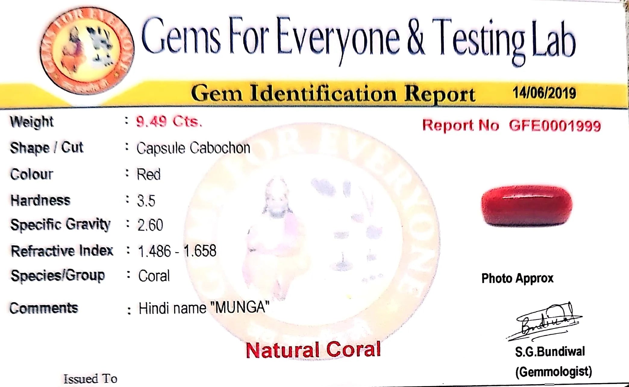 Red Coral - Moonga Gemstone - Carat 9.49