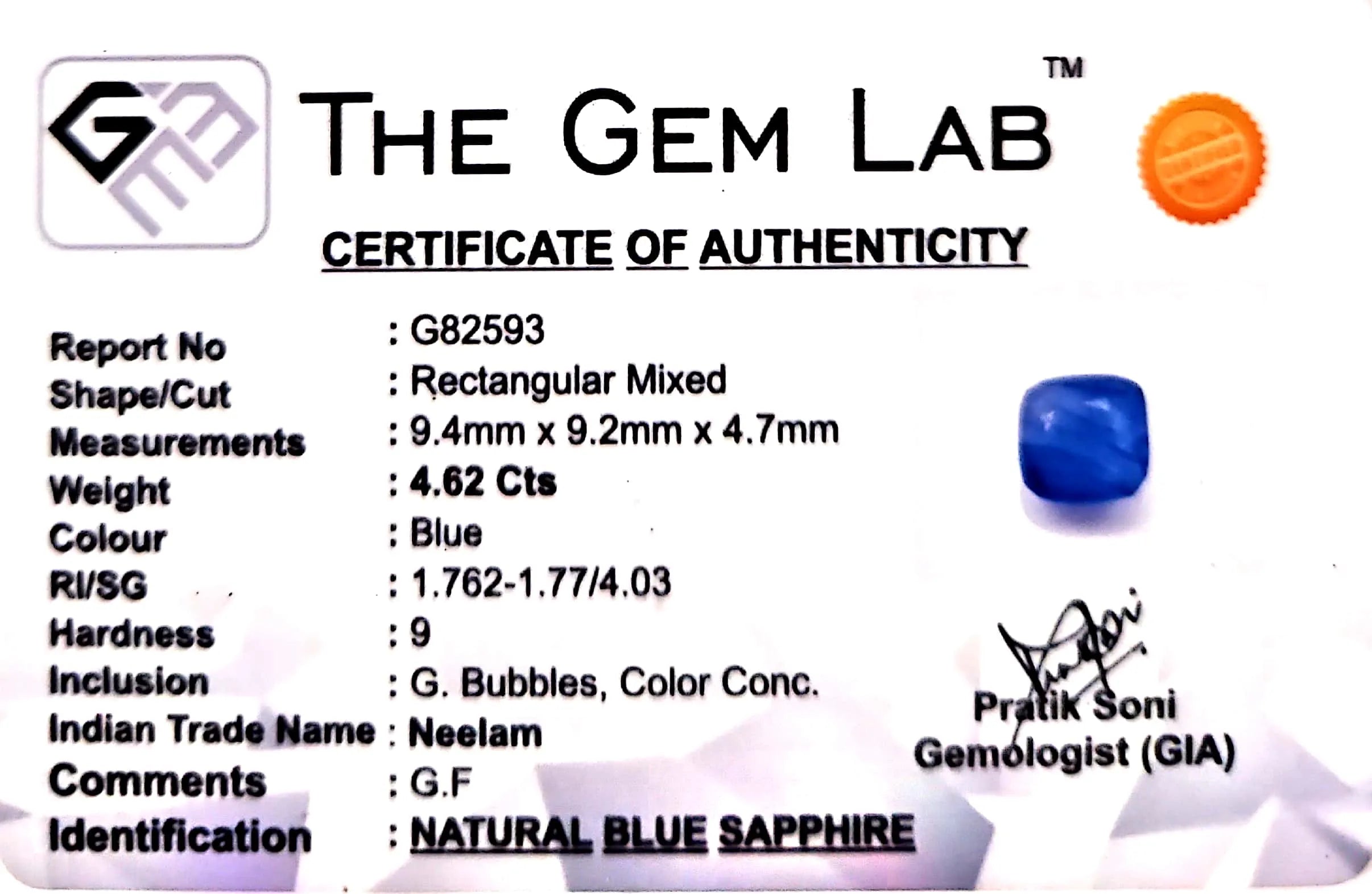 Blue Sapphire Stone (Neelam Stone) - Carat 4.62