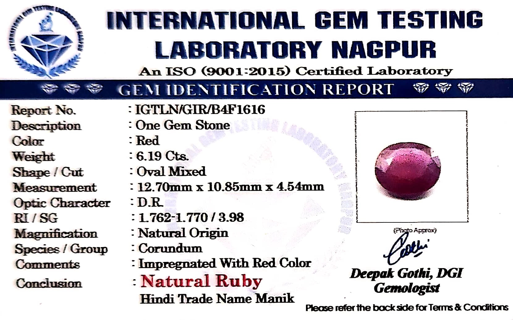 Ruby - Manik Stone - Carat 6.19