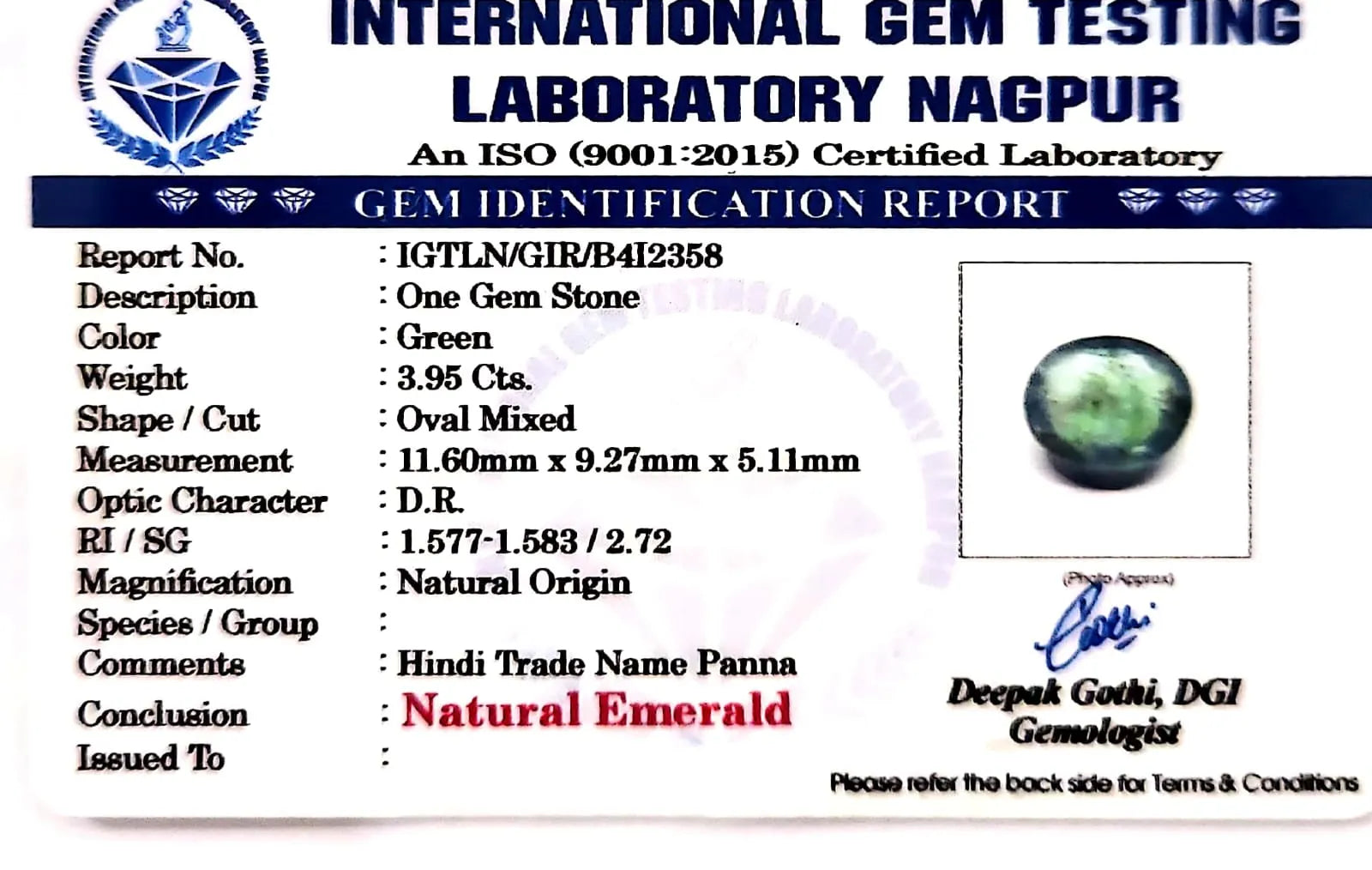 Emerald Stone - Panna stone - Carat 3.95