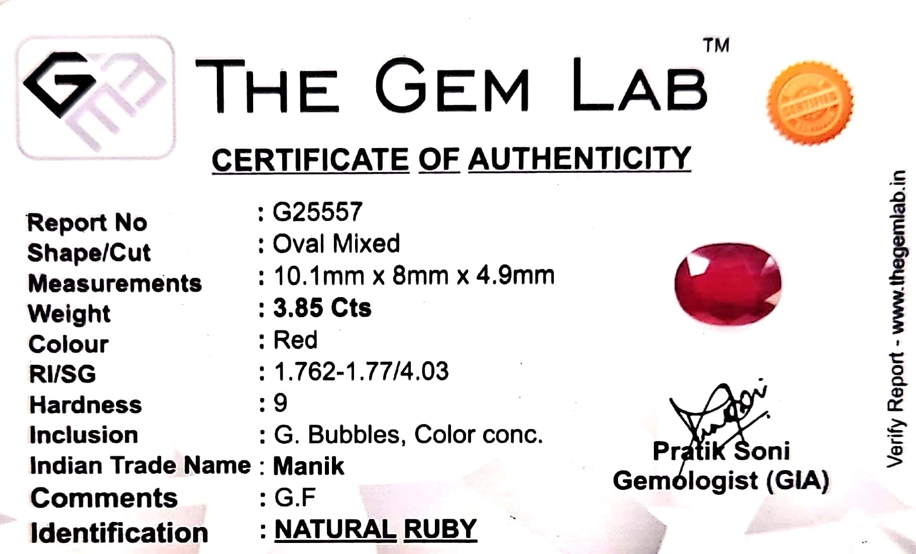 Ruby - Manik Stone - Carat 3.35