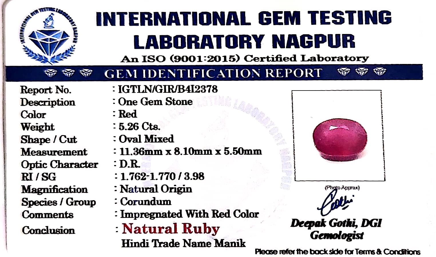Ruby - Manik Stone - Carat 5.26