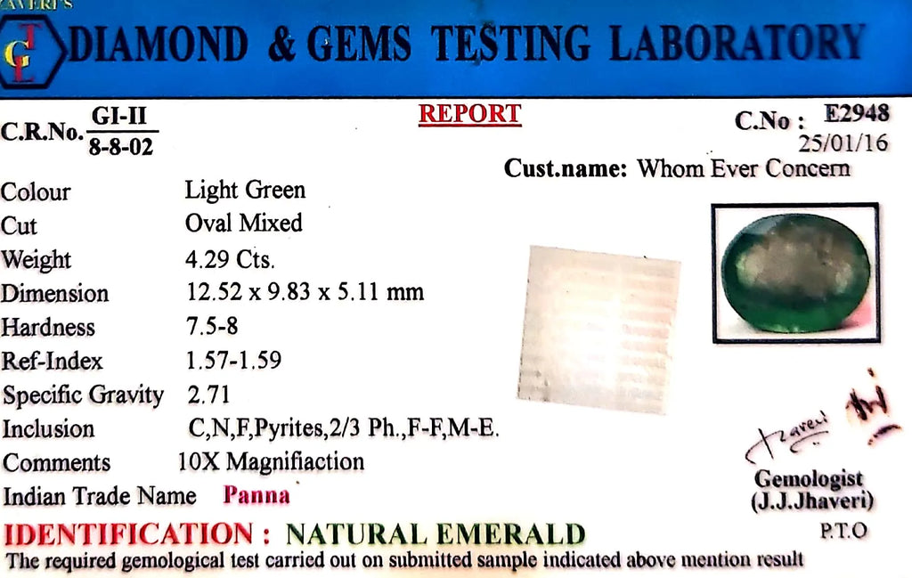 Emerald Stone - Panna stone - Carat 4.29