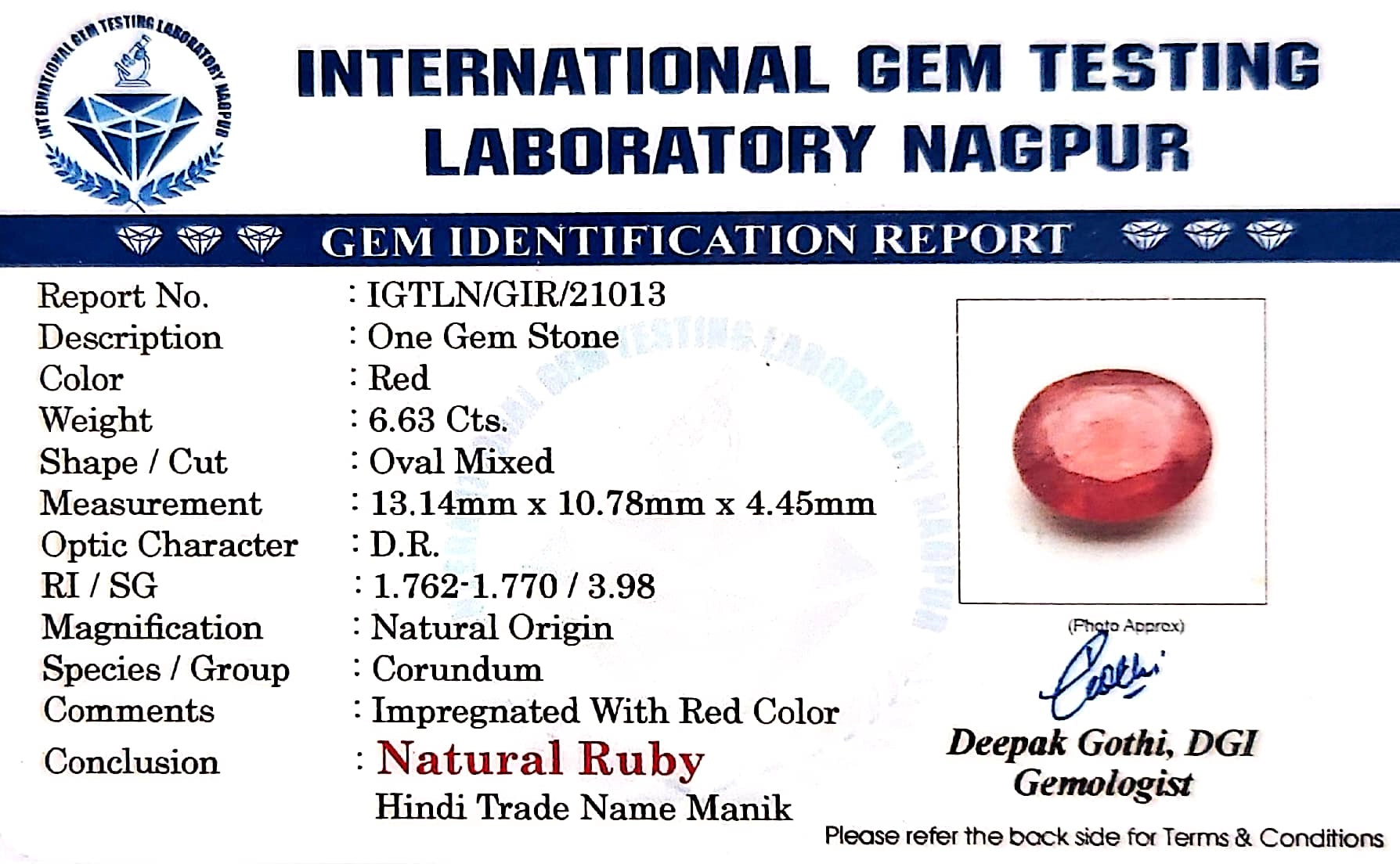Ruby - Manik Stone - Carat 6.63