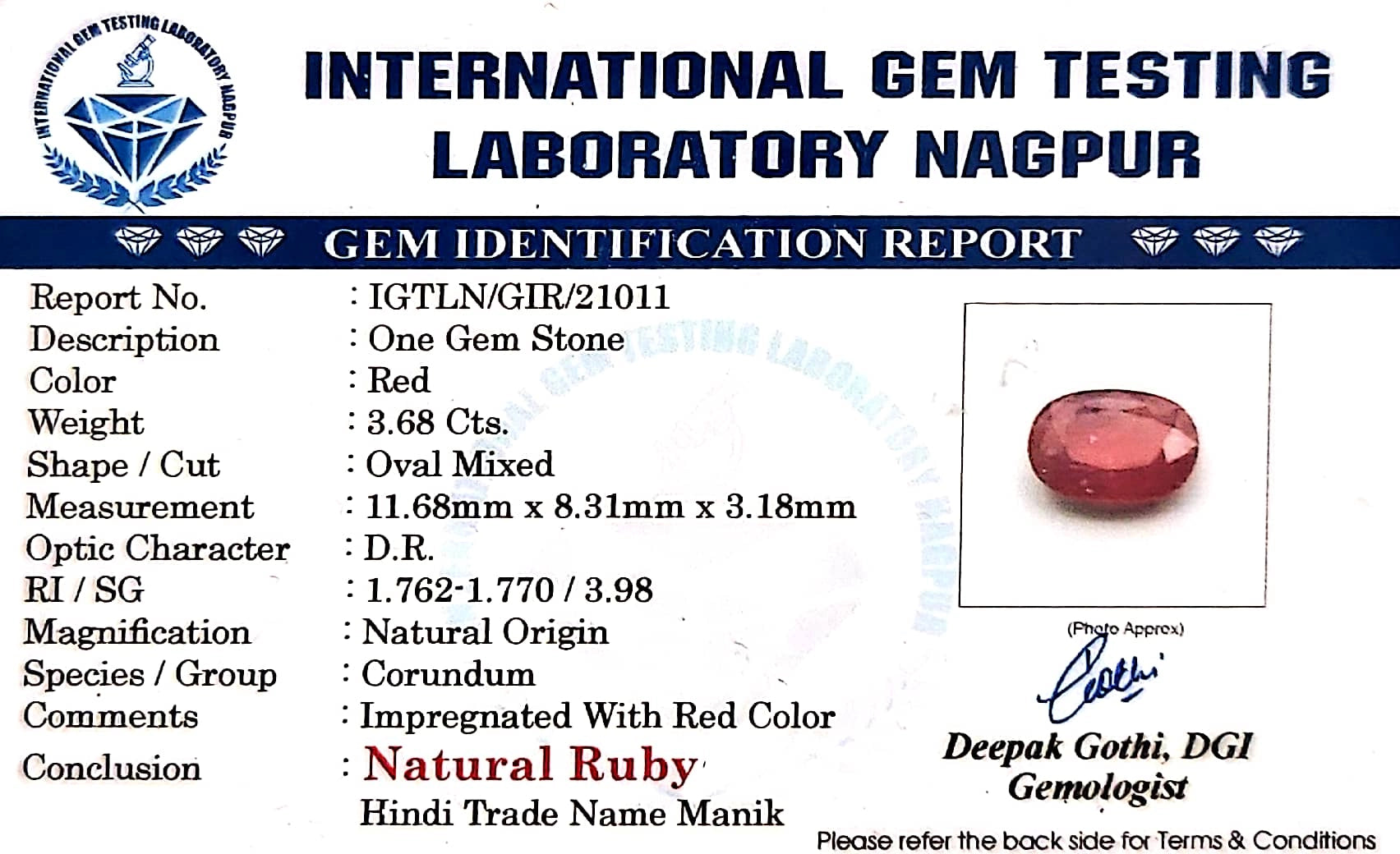 Ruby - Manik Stone - Carat 3.68