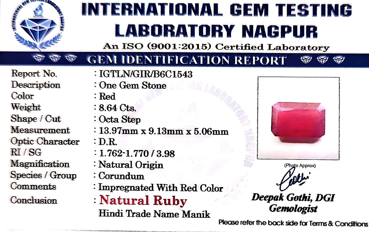 Ruby - Manik Stone - Carat 8.64