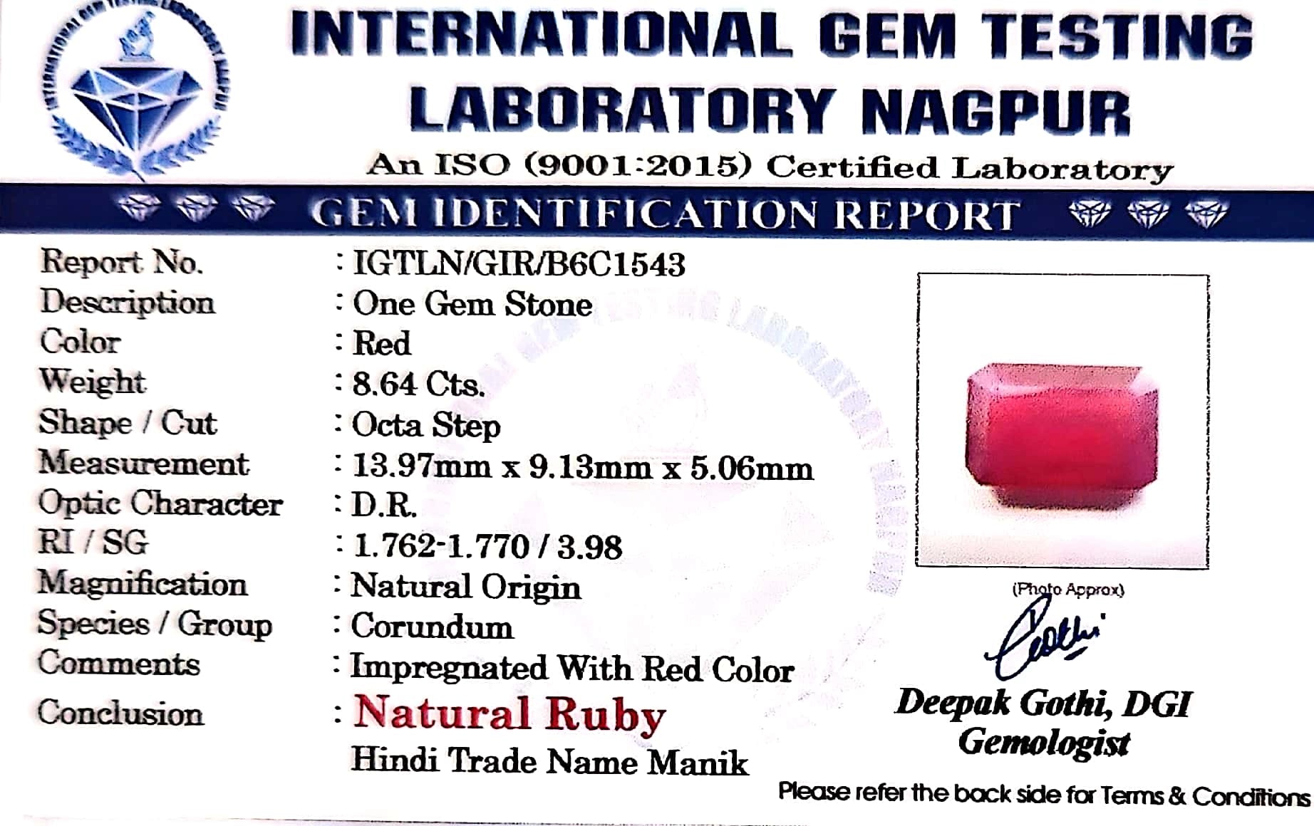 Ruby - Manik Stone - Carat 8.64
