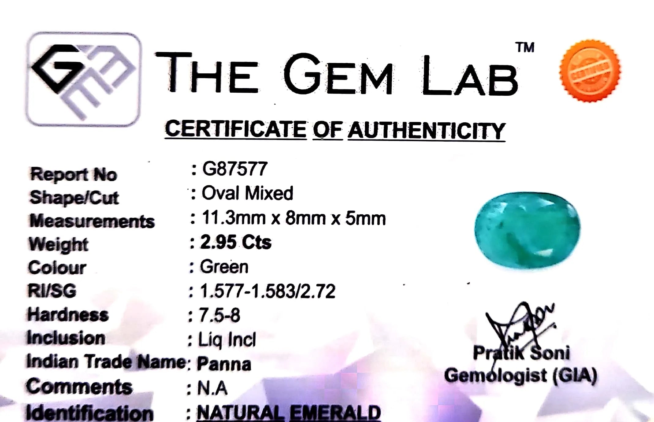 Emerald Stone - Panna stone - Carat 2.95