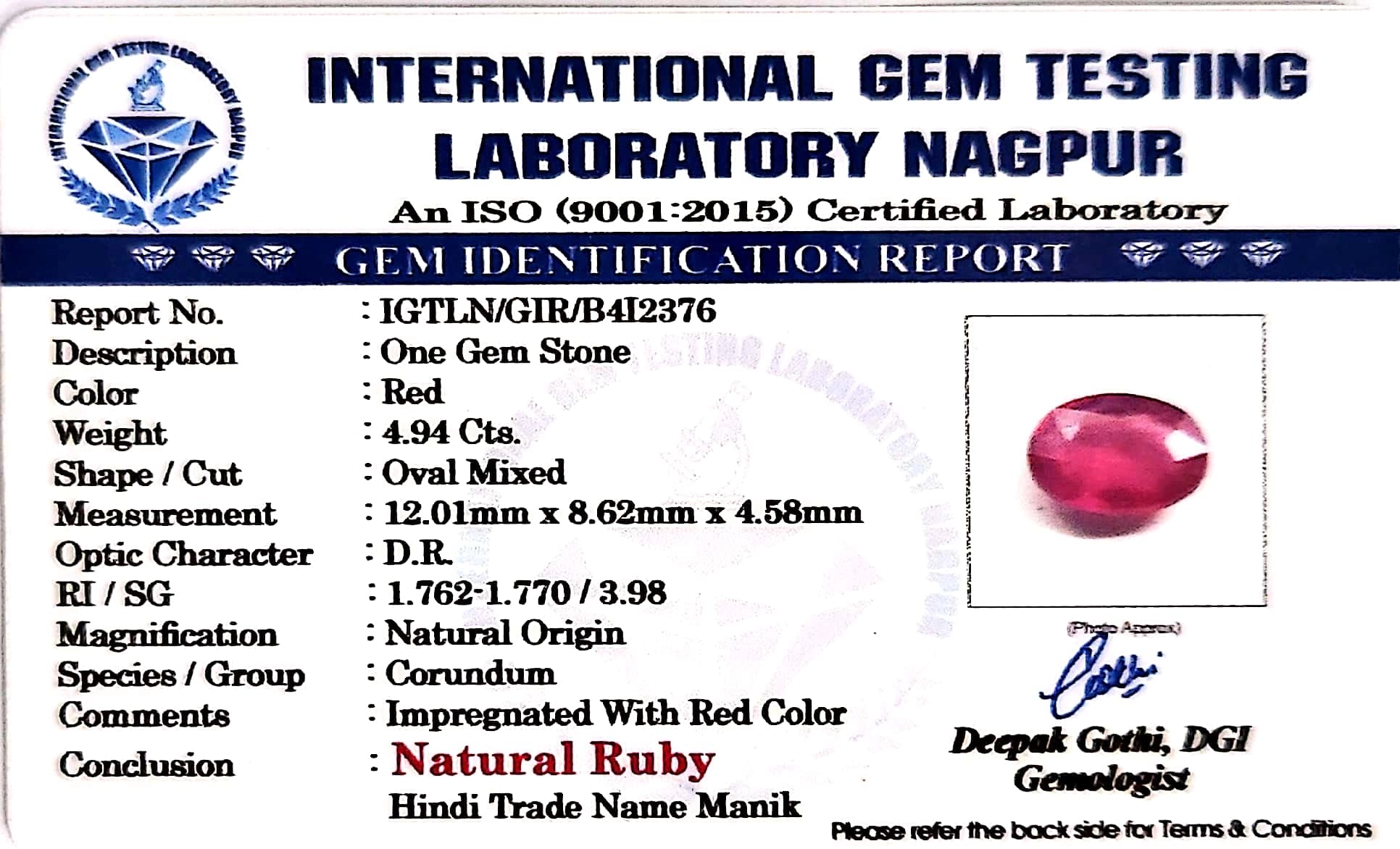 Ruby - Manik Stone - Carat 4.94