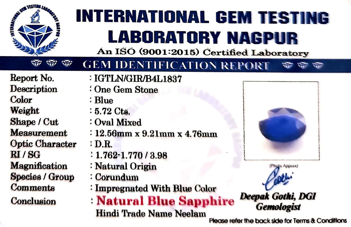 Blue Sapphire Stone (Neelam Stone) - Carat 5.72