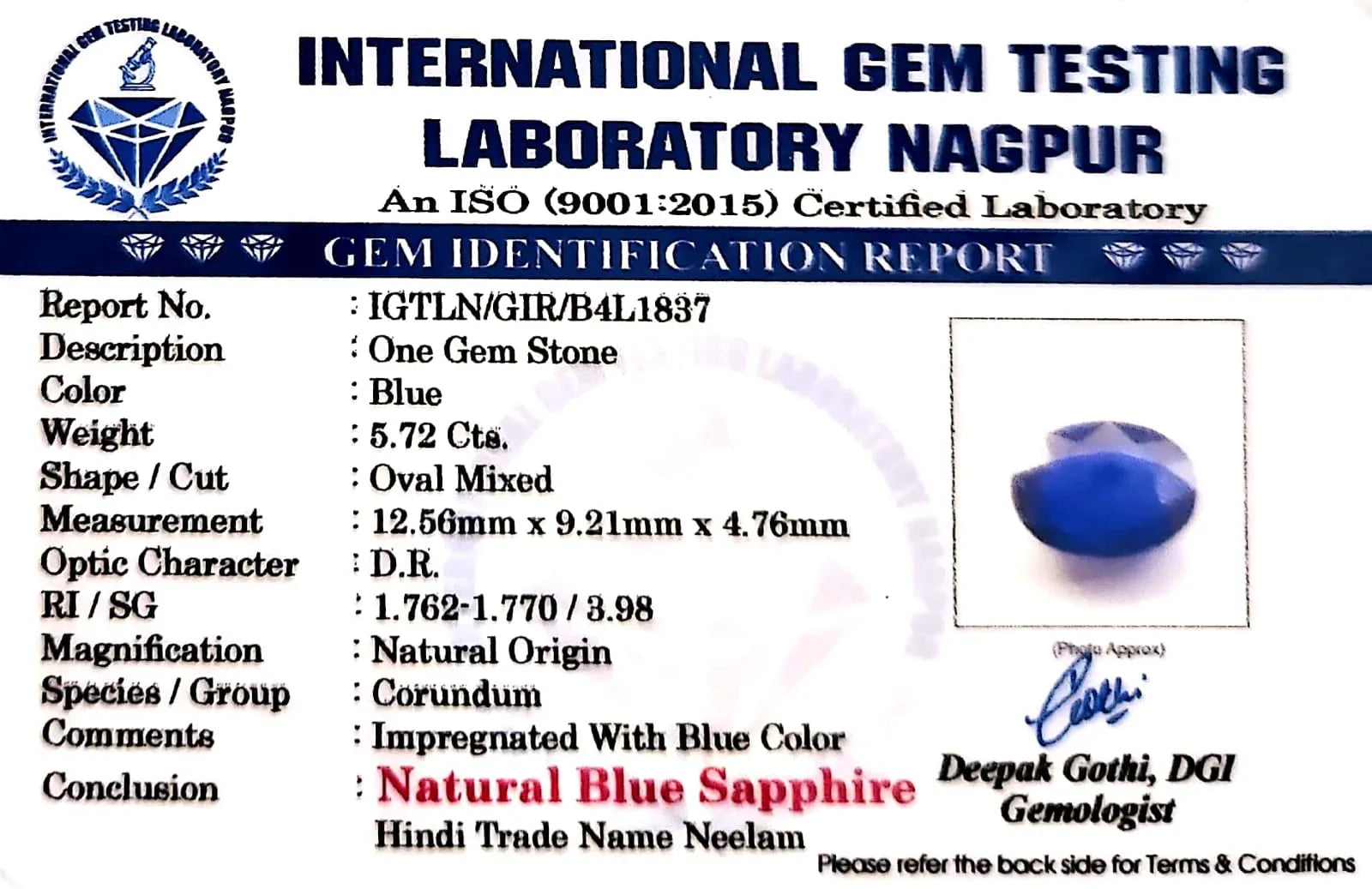 Blue Sapphire Stone (Neelam Stone) - Carat 5.72