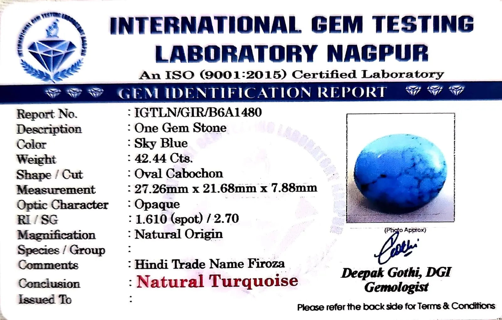 Irani Firoza (Turquoise) Gemstone - Carat 42.44