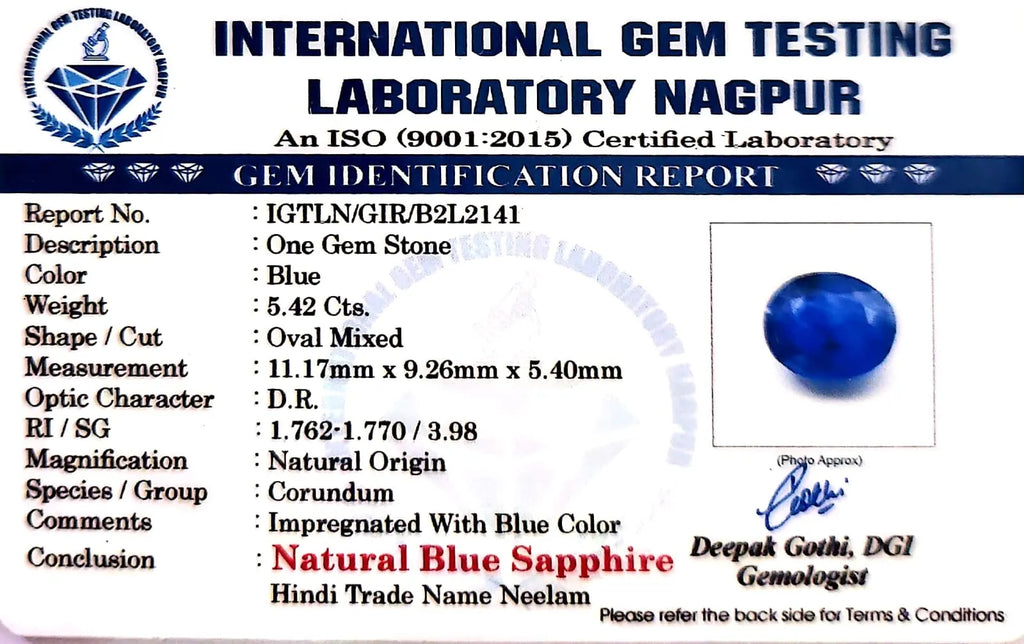 Blue Sapphire Stone (Neelam Stone) - Carat 5.42