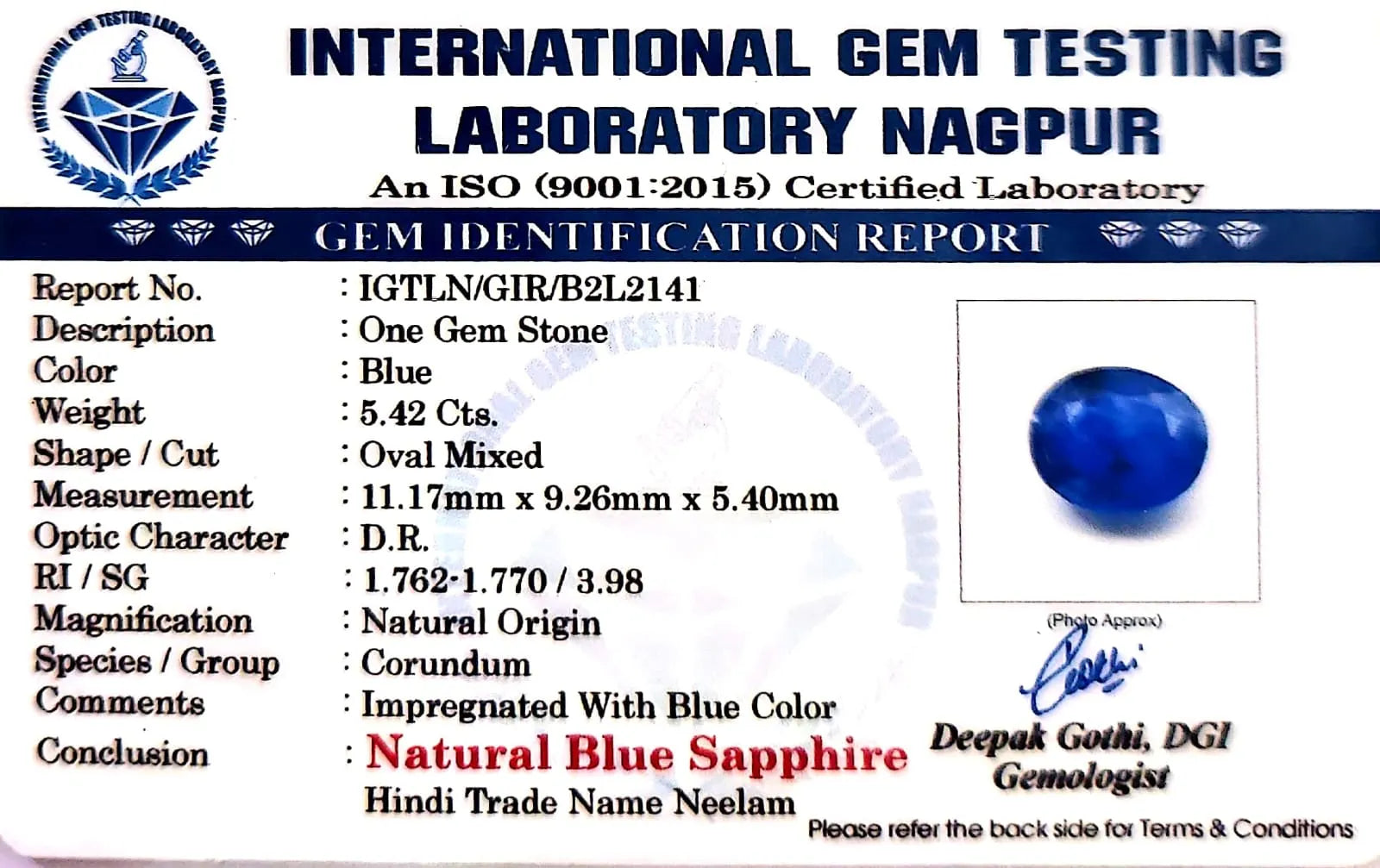 Blue Sapphire Stone (Neelam Stone) - Carat 5.42