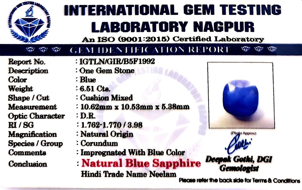 Blue Sapphire Stone (Neelam Stone) - Carat 6.51