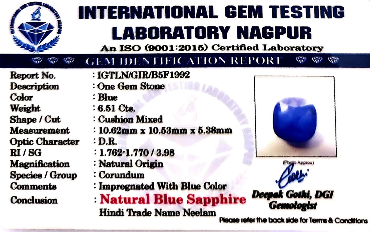 Blue Sapphire Stone (Neelam Stone) - Carat 6.51