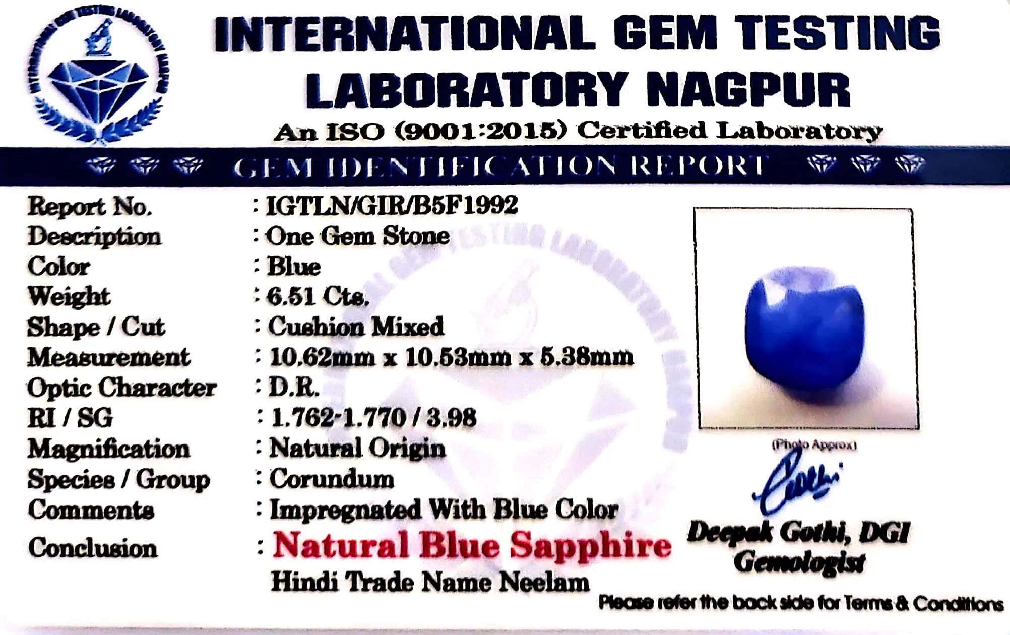 Blue Sapphire Stone (Neelam Stone) - Carat 6.51