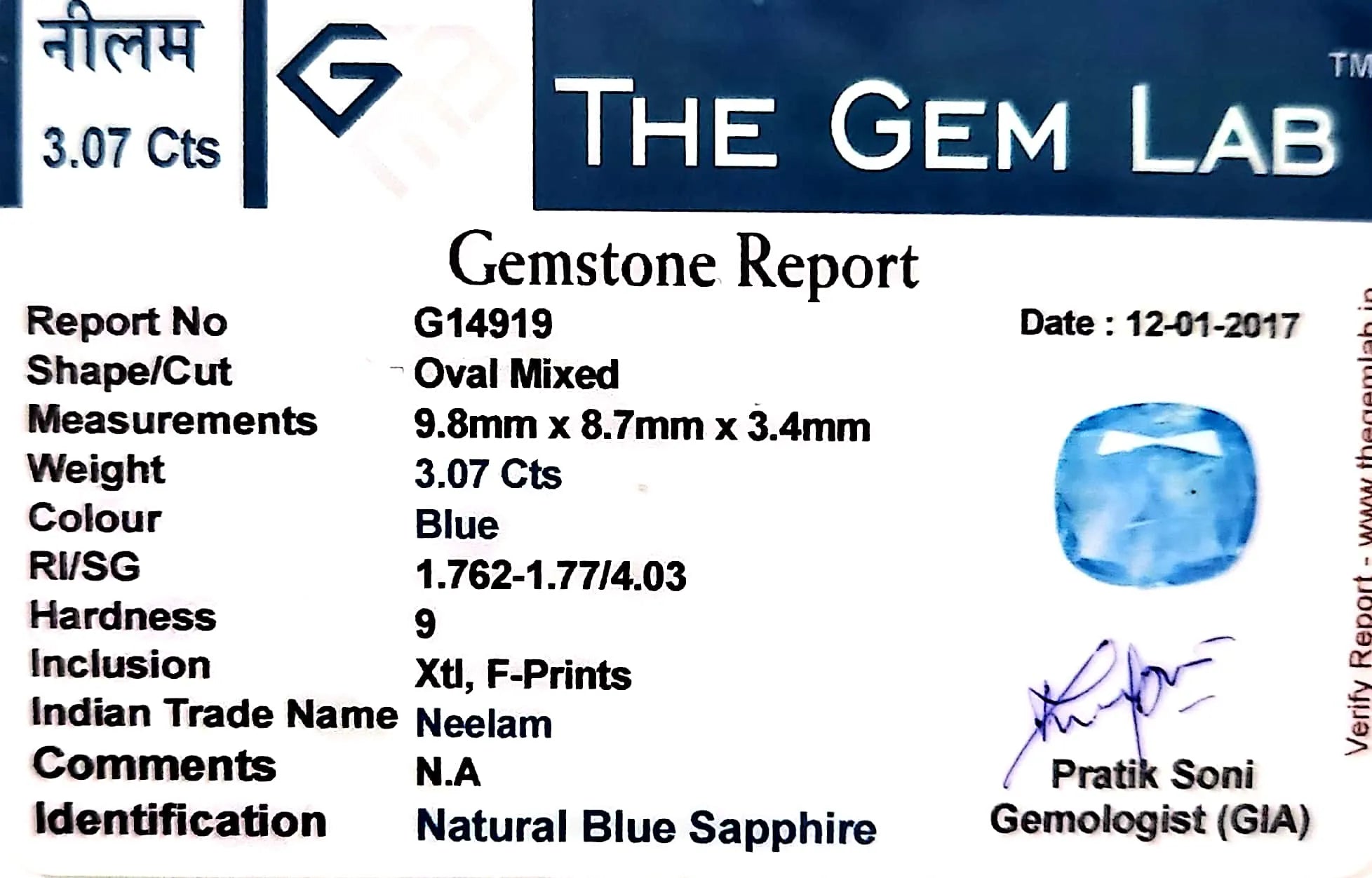 Blue Sapphire Stone (Neelam Stone) - Carat 3.07