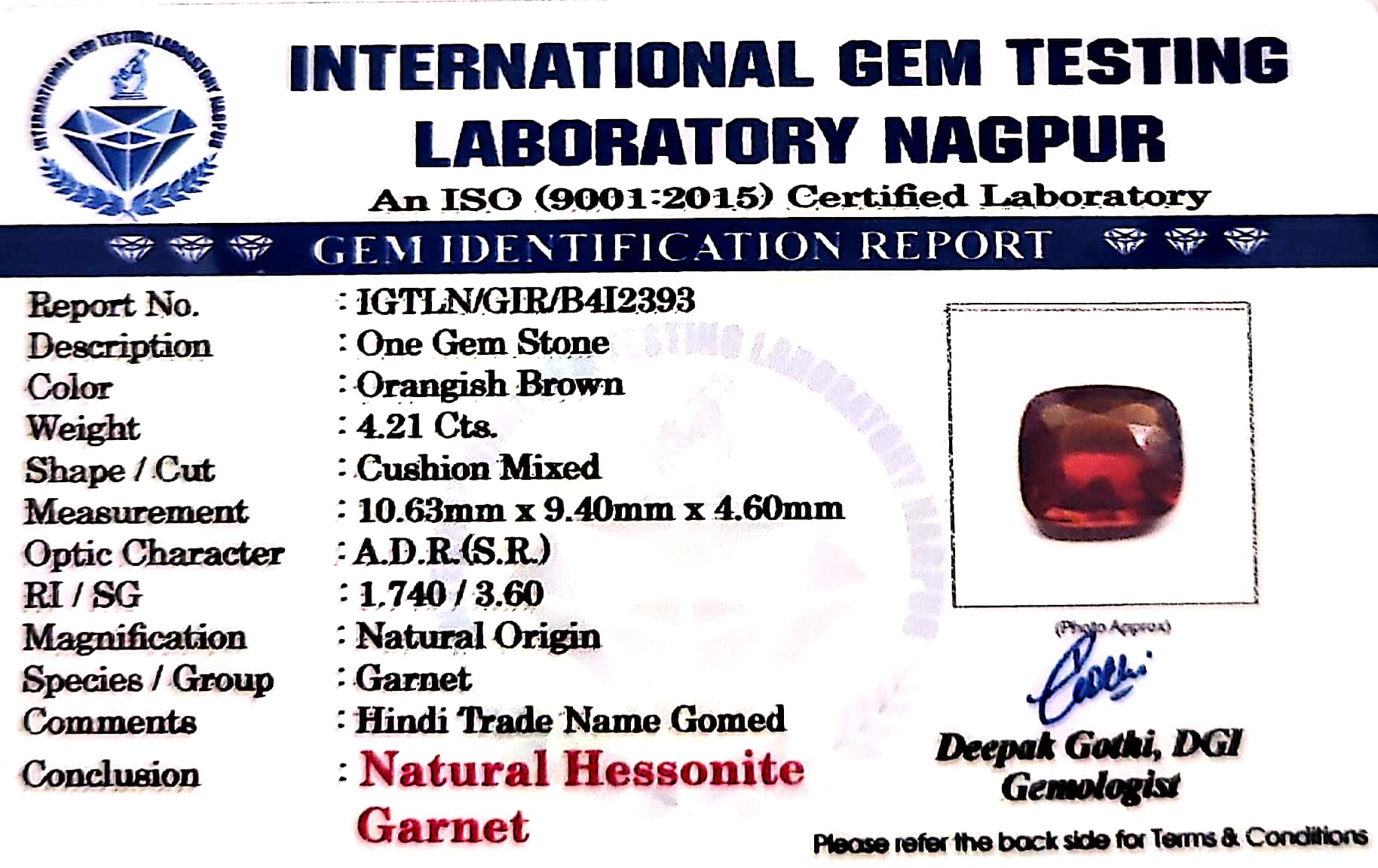 Gomed Stone (Hessonite) - Carat 4.21