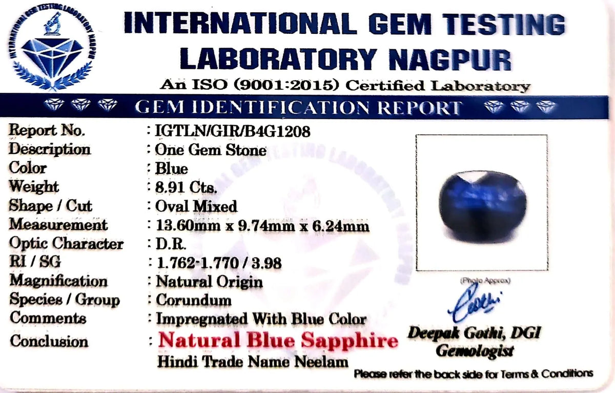 Blue Sapphire Stone (Neelam Stone) - Carat 8.91