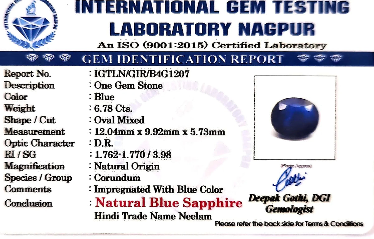 Blue Sapphire Stone (Neelam Stone) - Carat 6.78