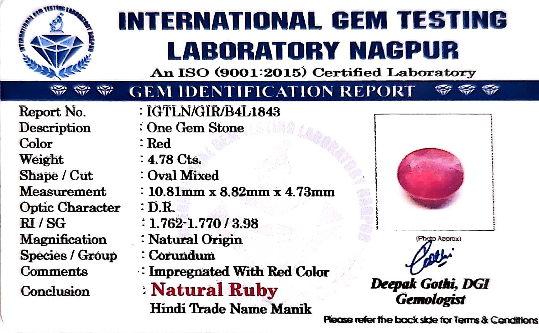 Ruby - Manik Stone - Carat 4.78