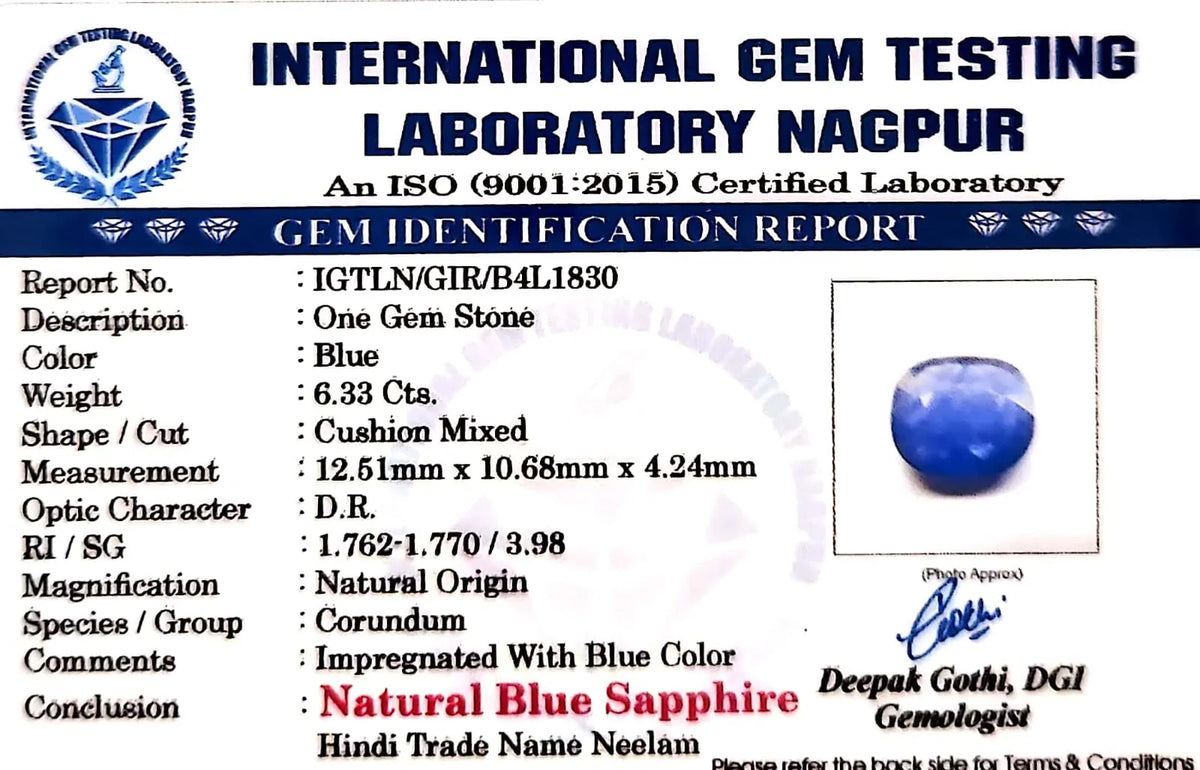 Blue Sapphire Stone (Neelam Stone) - Carat 6.33