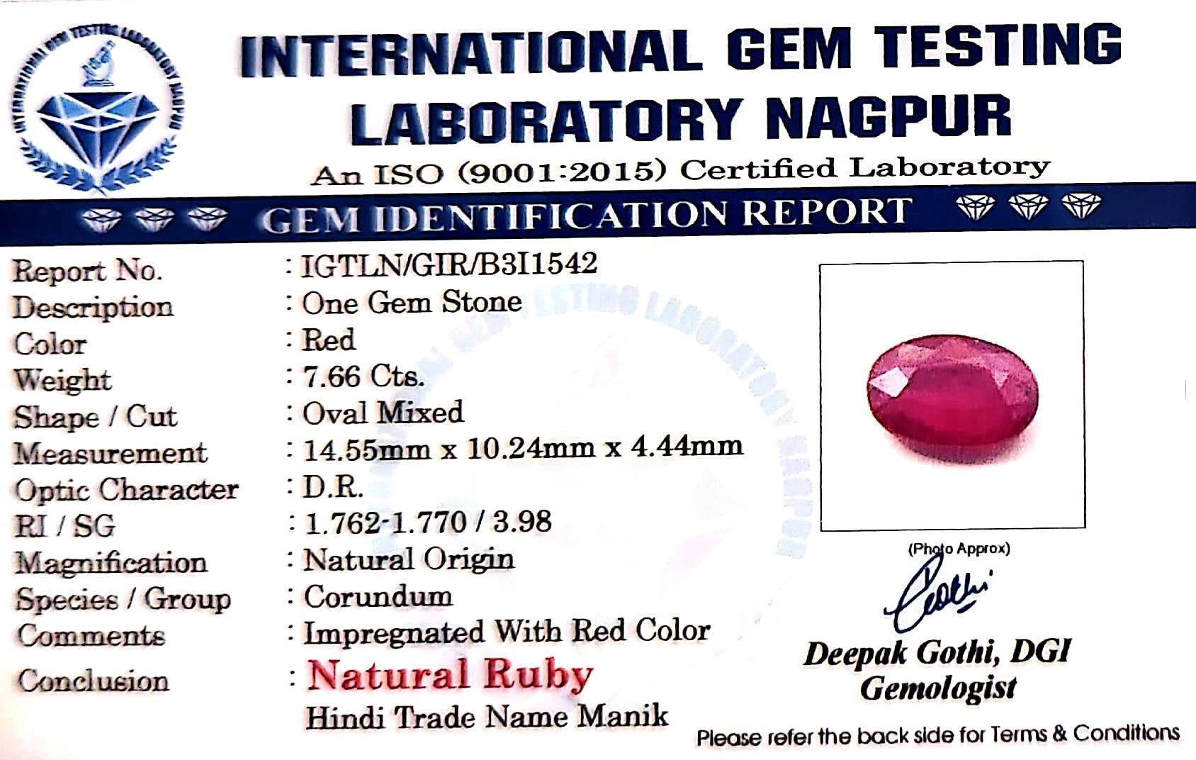 Ruby - Manik Stone - Carat 7.66