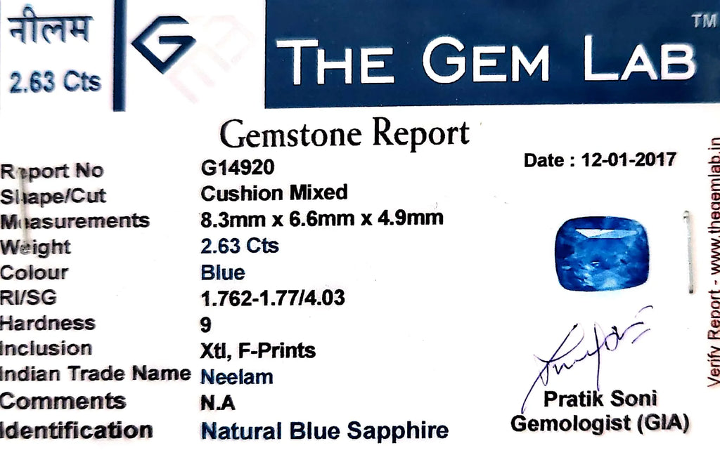 Blue Sapphire Stone (Neelam Stone) - Carat 2.63
