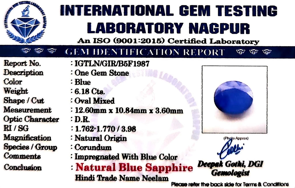 Blue Sapphire Stone (Neelam Stone) - Carat 6.18