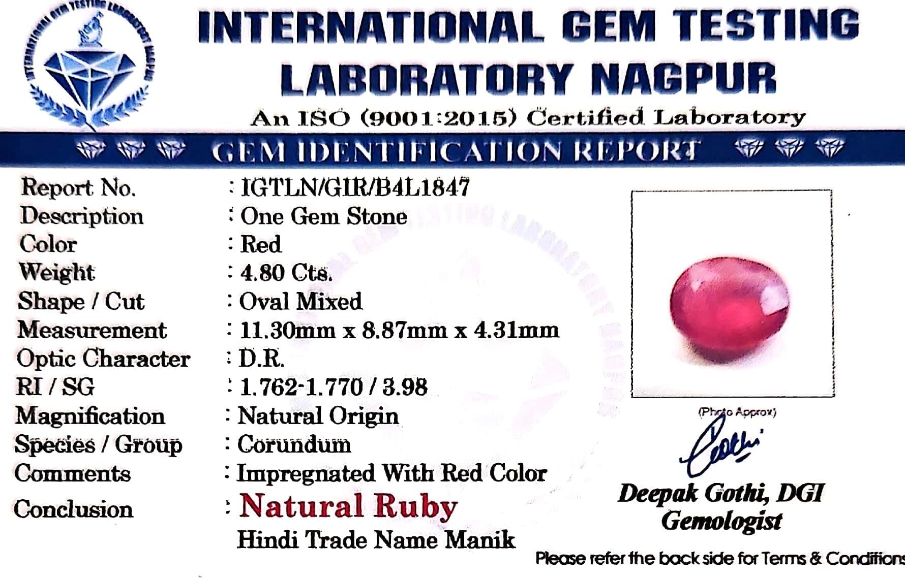 Ruby - Manik Stone - Carat 4.80
