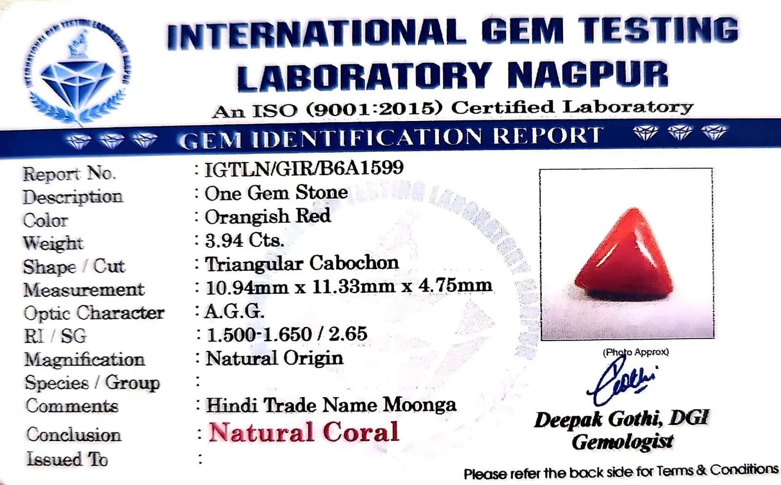 Red Coral - Moonga Gemstone - Carat 3.94