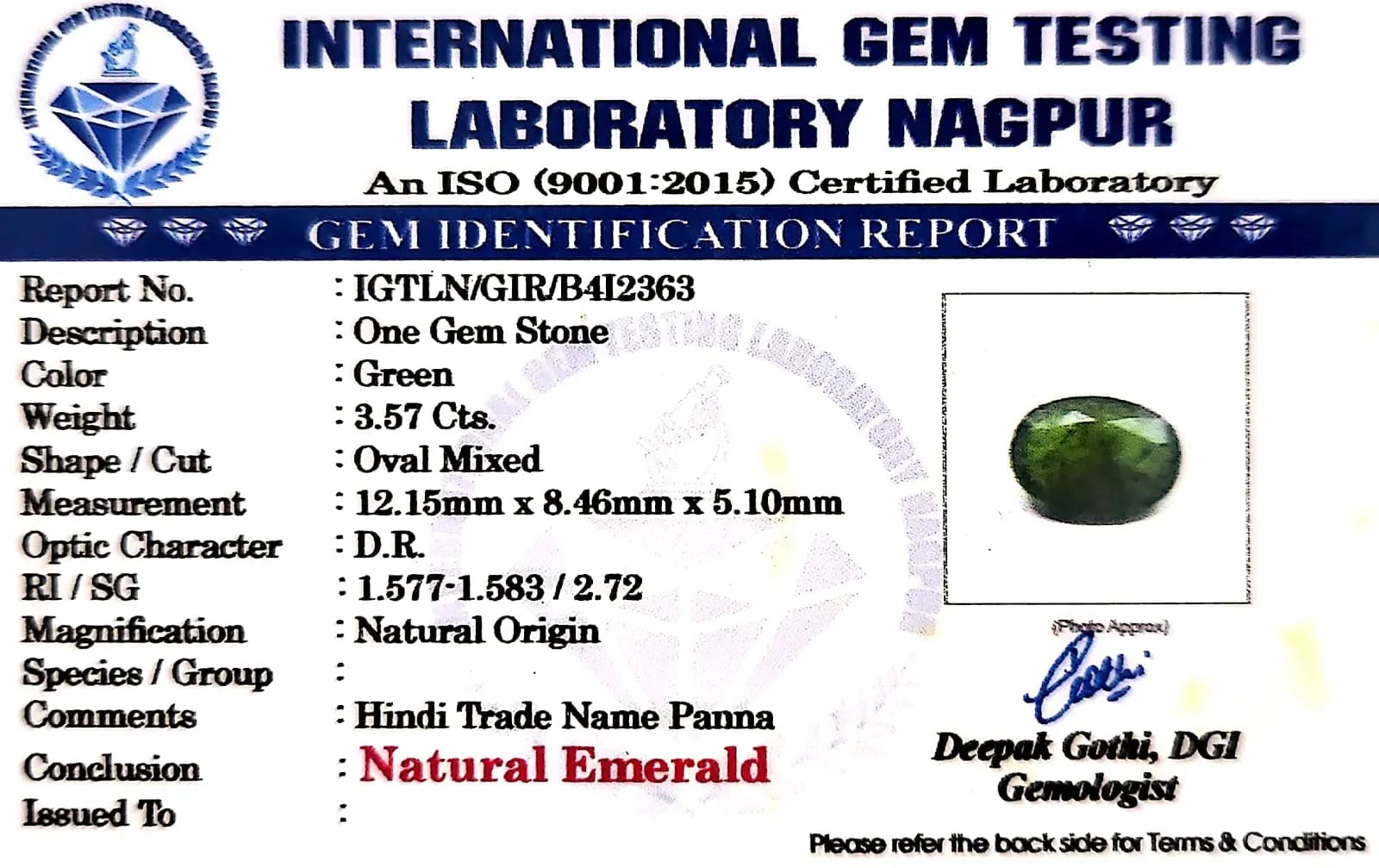 Emerald Stone - Panna stone - Carat 3.57