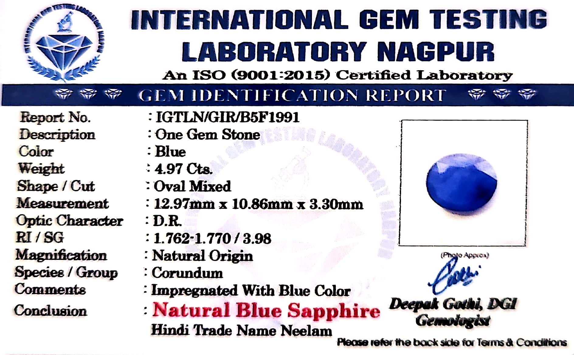 Blue Sapphire Stone (Neelam Stone) - Carat 4.97
