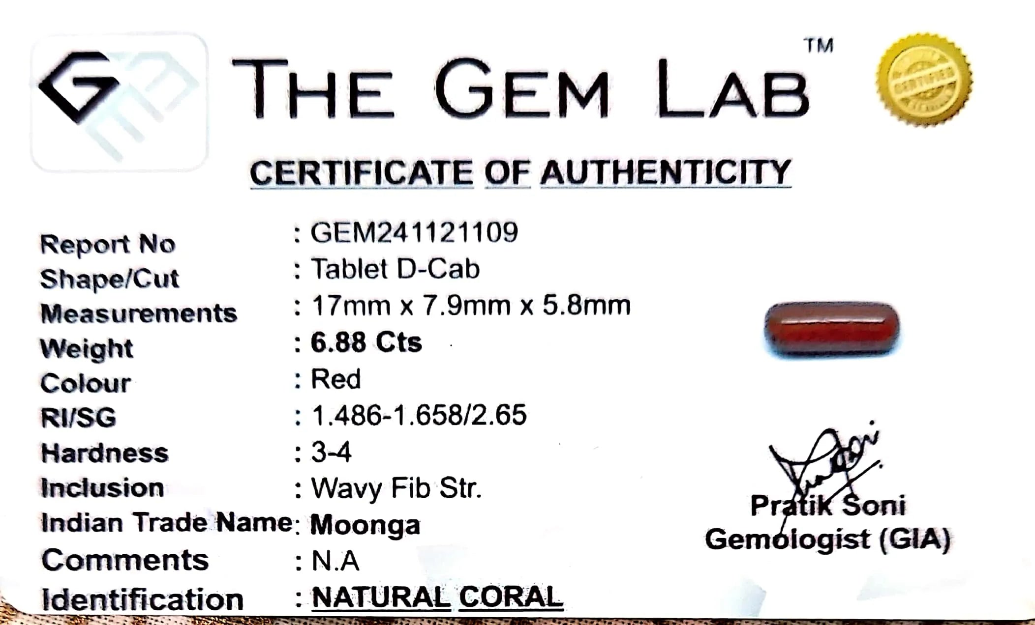 Red Coral - Moonga Gemstone - Carat 6.88