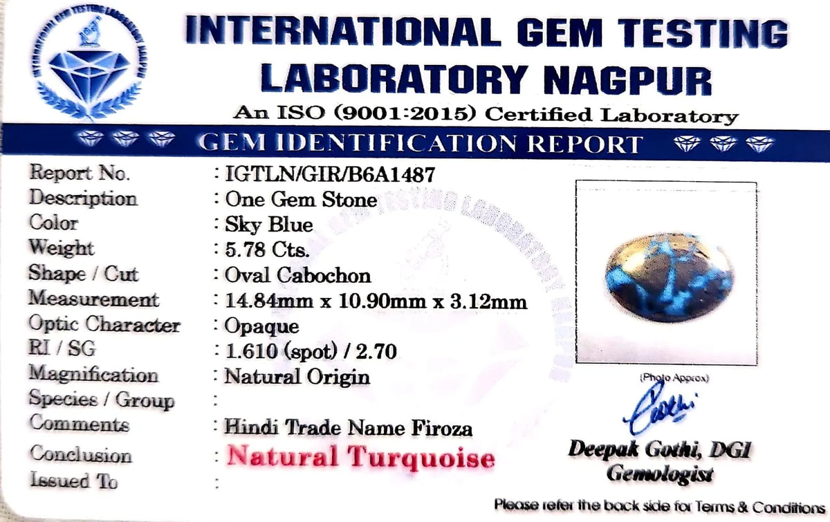 Irani Firoza (Turquoise) Gemstone - Carat 5.78