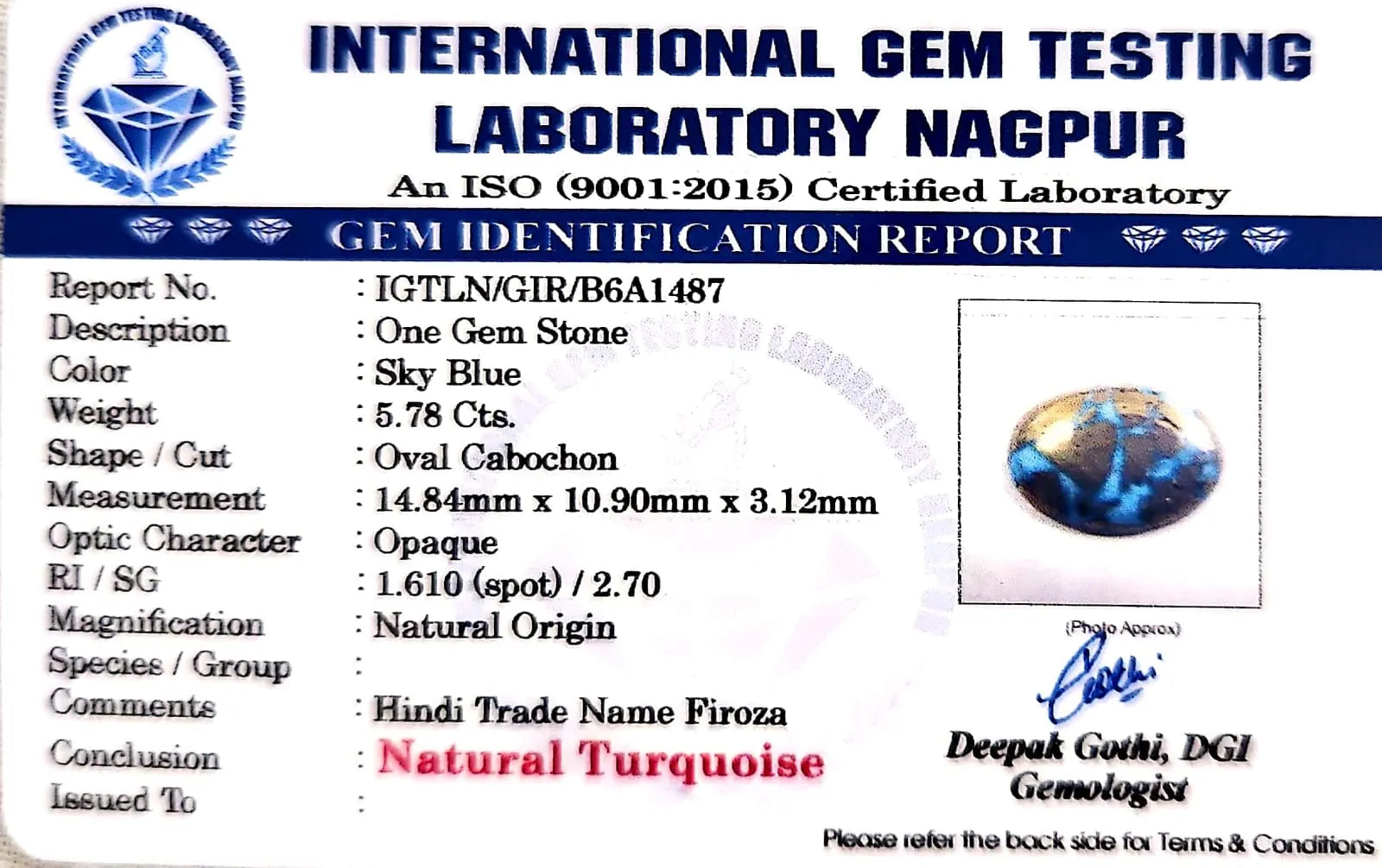 Irani Firoza (Turquoise) Gemstone - Carat 5.78