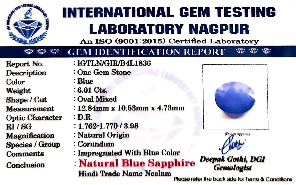 Blue Sapphire Stone (Neelam Stone) - Carat 6.01