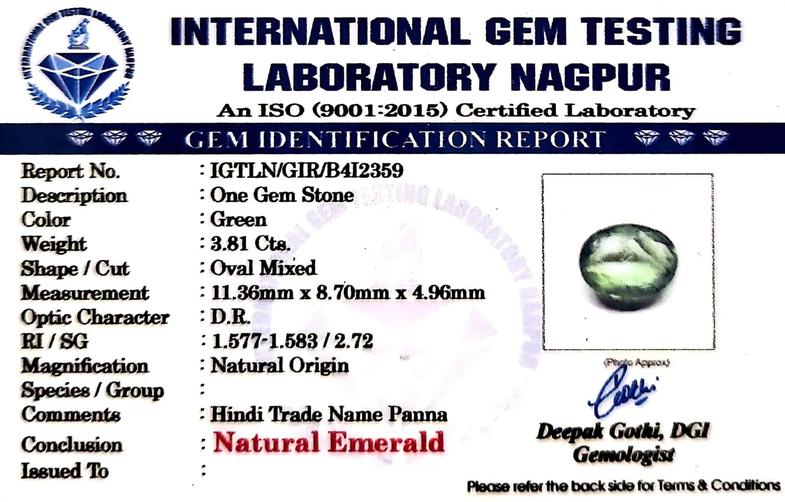 Emerald Stone - Panna stone - Carat 3.81