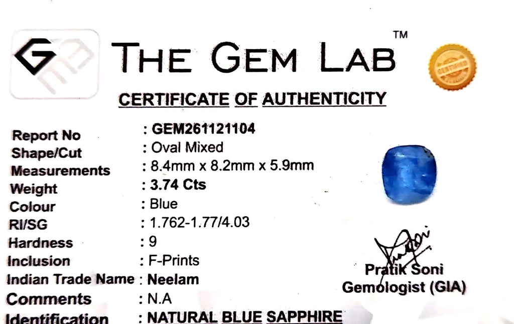 Blue Sapphire Stone (Neelam Stone) - Carat 3.74