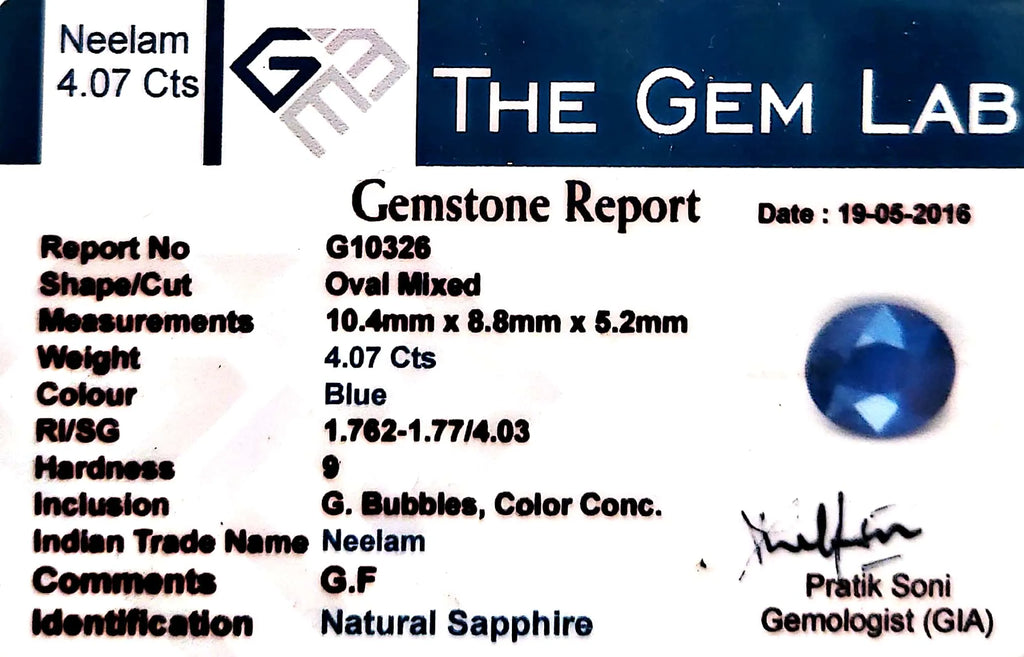 Blue Sapphire Stone (Neelam Stone) - Carat 4.07