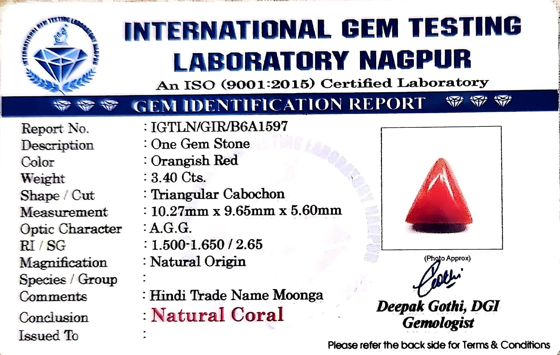 Red Coral - Moonga Gemstone - Carat 3.40