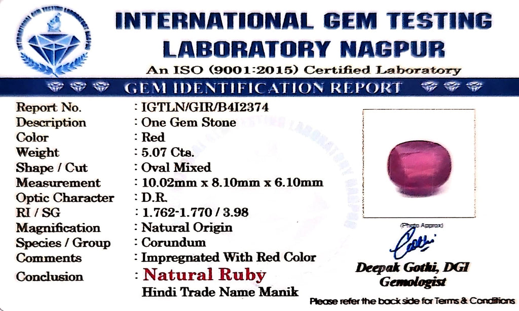 Ruby - Manik Stone - Carat 5.07